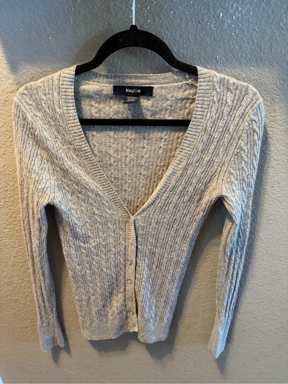 Maglia L Gray Cable Knit Cashmere Wool Blend V Neck Cardigan Sweater slim